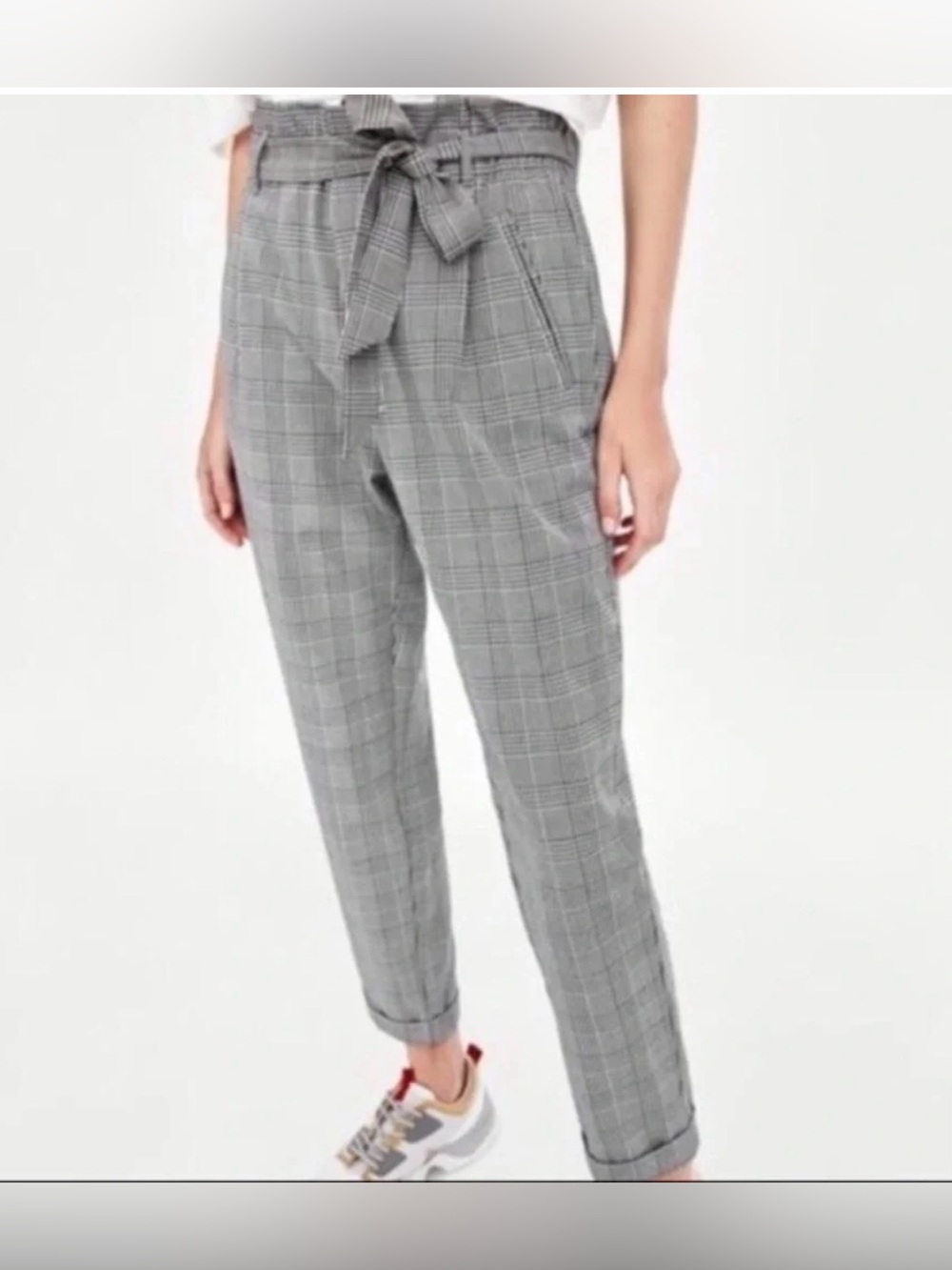 Zara Women grey plaid paperbag waist trousers office Pants size Small